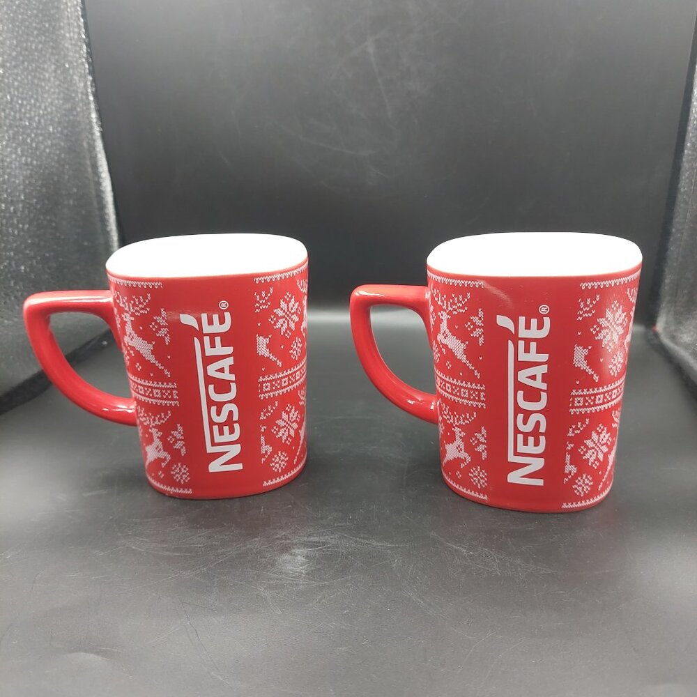 2 Red Nescafé Nestle Mugs Reindeer Sweater 11 oz Coffee Cups Christmas Winter
